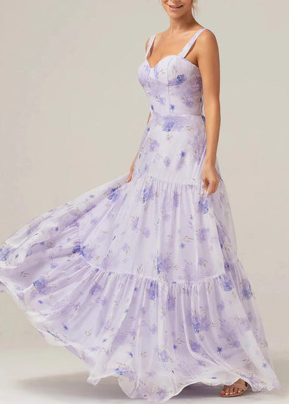 Boho Purple Print Lace Up Chiffon Long Dress Summer