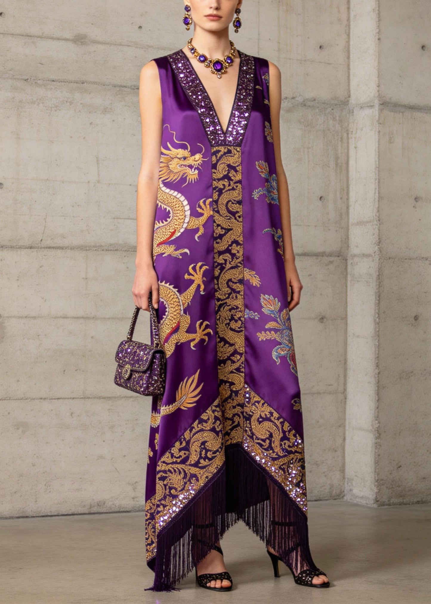 Boho Purple Tasseled Print Silk Robe Dresses Sleeveless