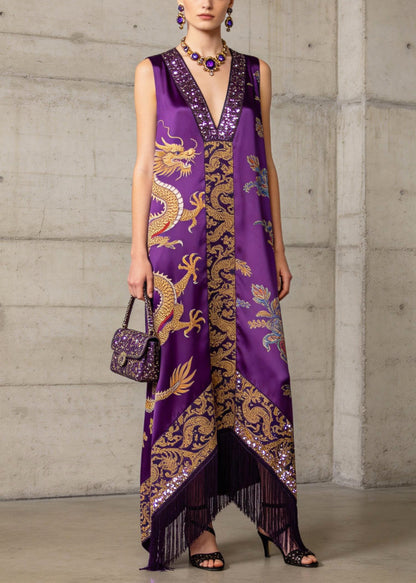 Boho Purple Tasseled Print Silk Robe Dresses Sleeveless