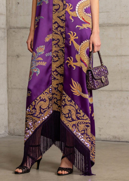 Boho Purple Tasseled Print Silk Robe Dresses Sleeveless