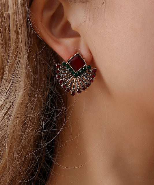Boho Rainbow Alloy Zircon Crystal Fan-Shaped Stud Earrings