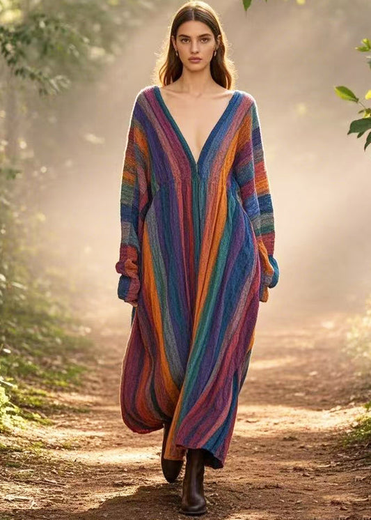 Boho Rainbow Oversized Striped Cotton Long Dresses Spring