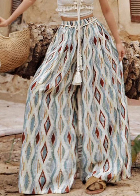 Boho Rainbow Plaid Elastic Waist Wide Leg Pants Summer