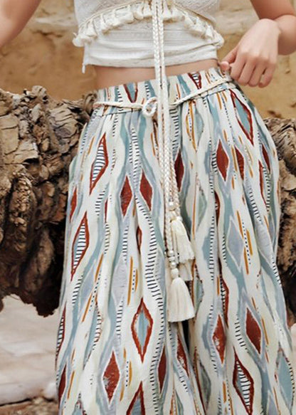 Boho Rainbow Plaid Elastic Waist Wide Leg Pants Summer