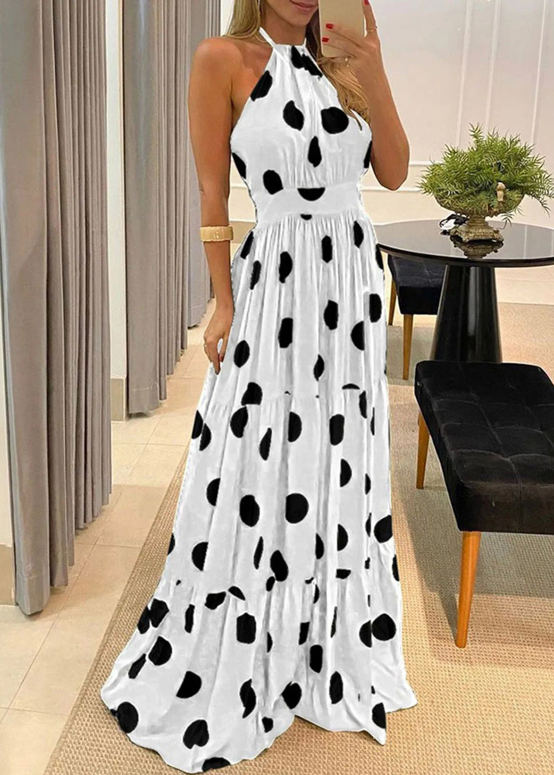 Boho Rainbow Printed Waistband Slim Sleeveless Long Dress