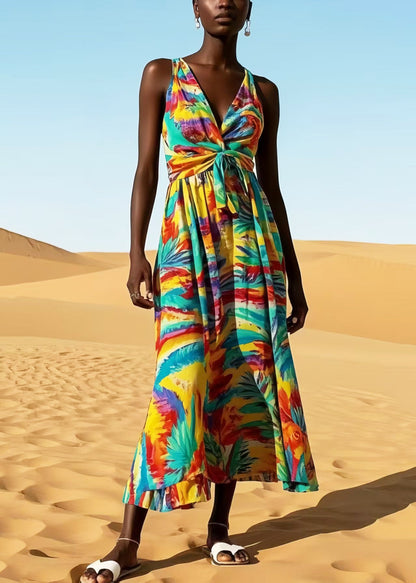 Boho Rainbow V Neck Print Cotton Cami Dress Summer