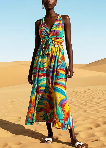 Boho Rainbow V Neck Print Cotton Cami Dress Summer