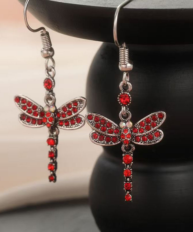 Boho Red Alloy Zircon Dragonfly Drop Earrings