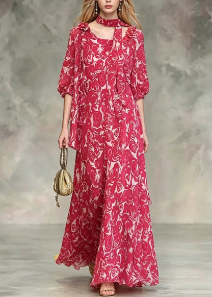 Boho Red Asymmetrical Design Floral Chiffon Dresses Summer