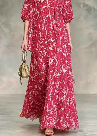 Boho Red Asymmetrical Design Floral Chiffon Dresses Summer