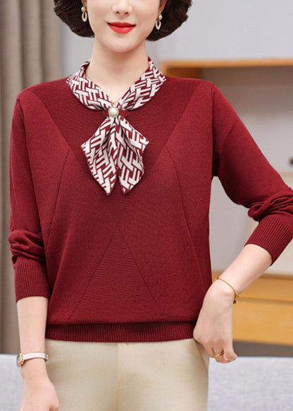 Boho Red Bow Plaid Cotton Knit Sweaters Fall