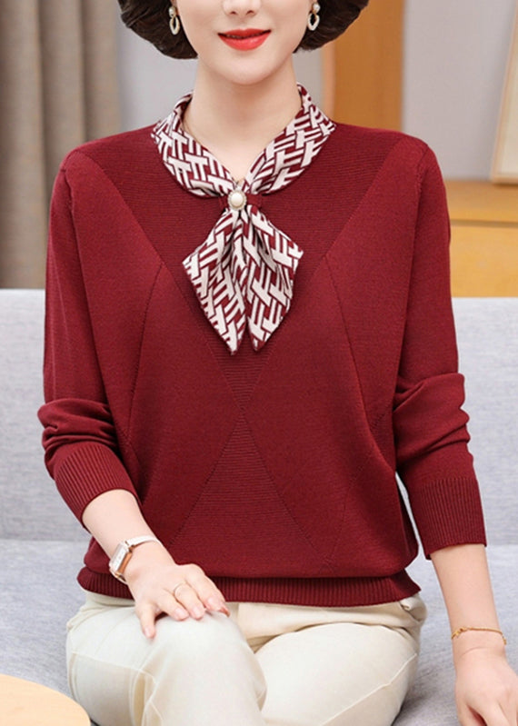 Boho Red Bow Plaid Cotton Knit Sweaters Fall