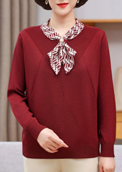 Boho Red Bow Plaid Cotton Knit Sweaters Fall