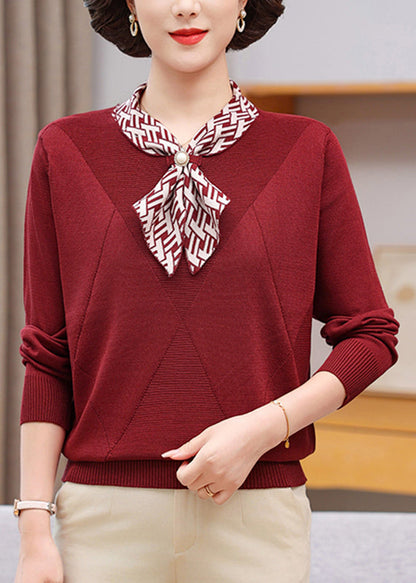 Boho Red Bow Plaid Cotton Knit Sweaters Fall