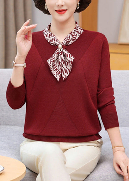 Boho Red Bow Plaid Cotton Knit Sweaters Fall