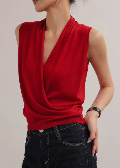 Boho Red Cross Strap Knit Shirt Top Sleeveless