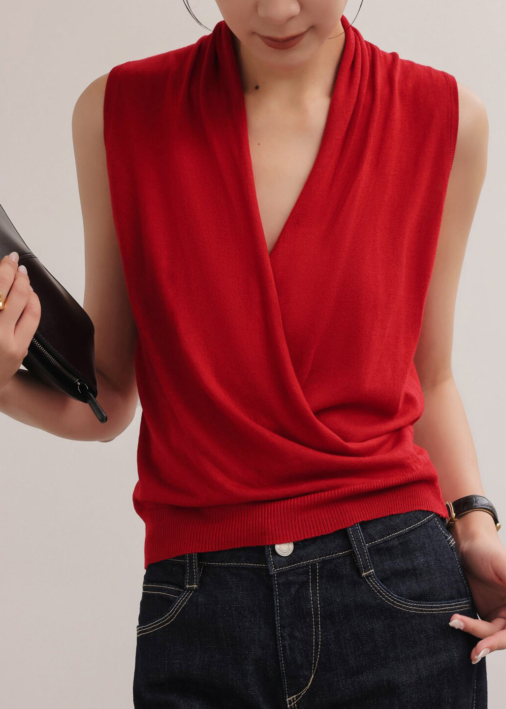 Boho Red Cross Strap Knit Shirt Top Sleeveless