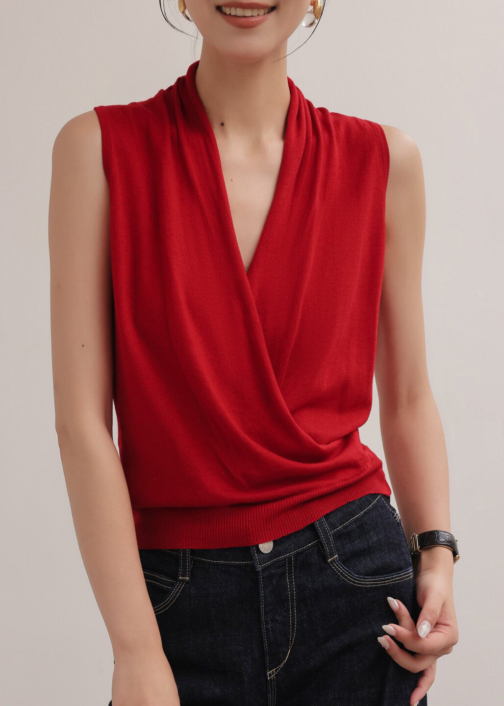 Boho Red Cross Strap Knit Shirt Top Sleeveless