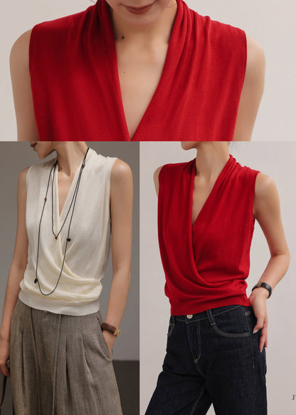 Boho Red Cross Strap Knit Shirt Top Sleeveless