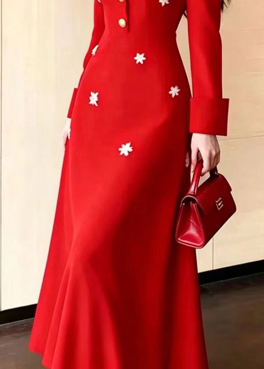Boho Red Notched Floral Party Dress Long Sleeve