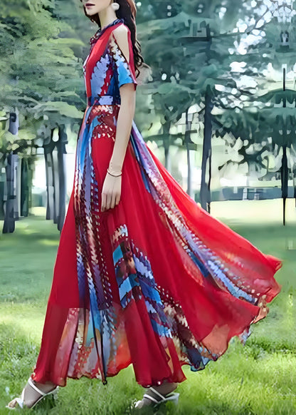 Boho Red O Neck Print Chiffon Long Dress Summer