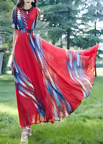 Boho Red O Neck Print Chiffon Long Dress Summer