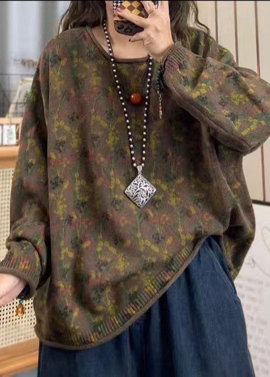 Boho Red O Neck Print Cotton Knit Loose Sweaters Top Spring