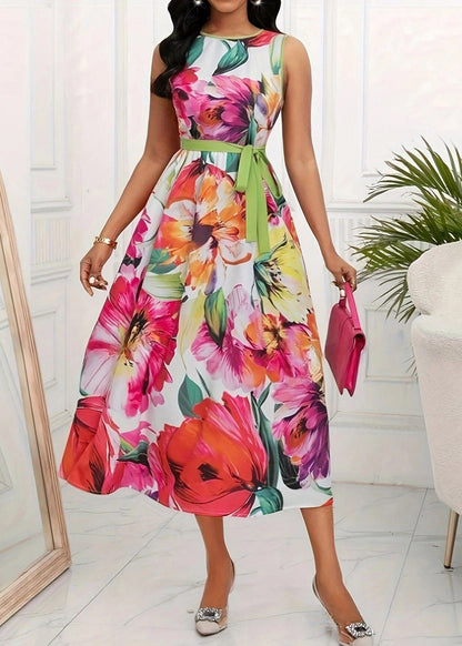 Boho Red O-Neck Print Tie Waist Maxi Dress Sleeveless