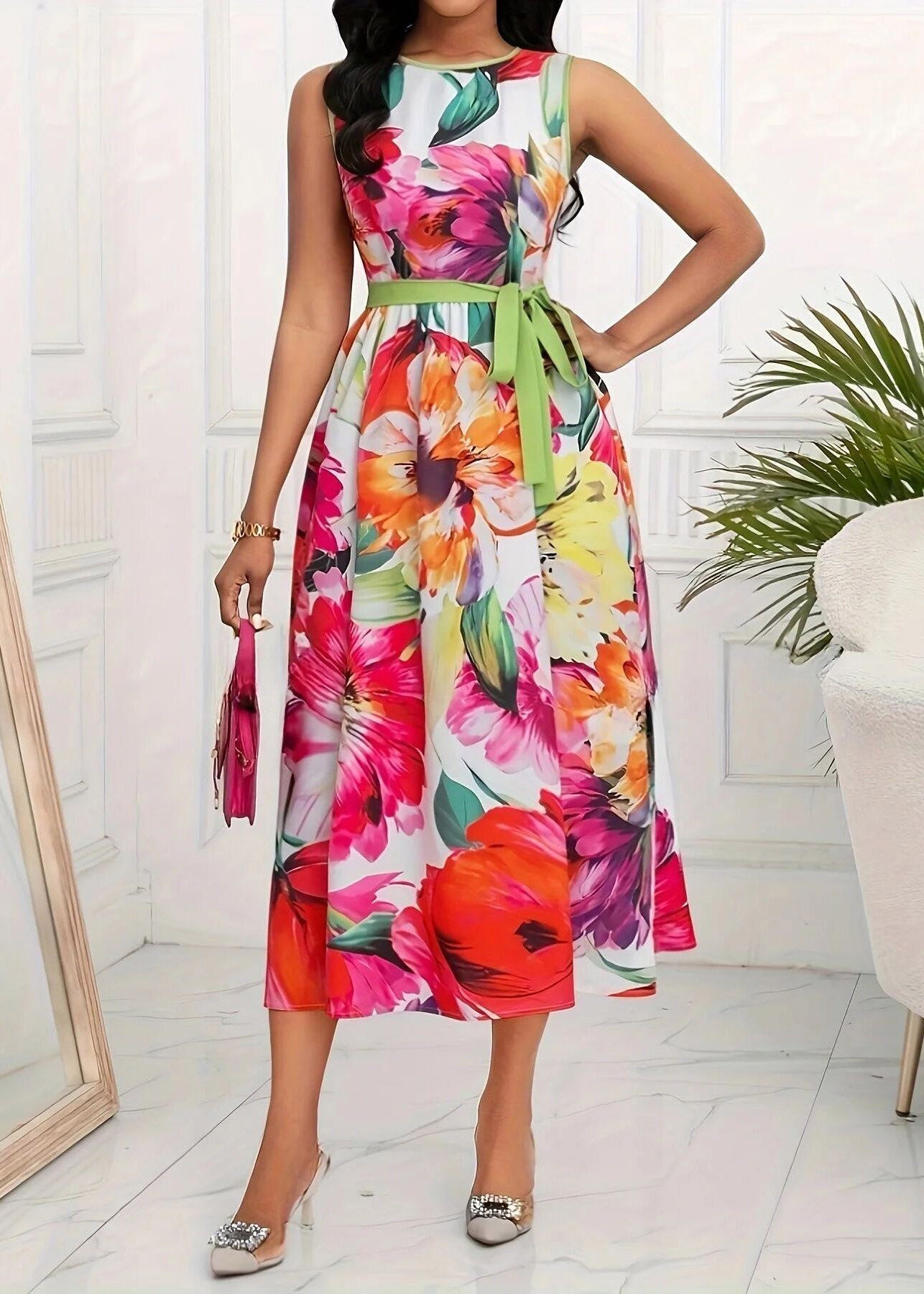 Boho Red O-Neck Print Tie Waist Maxi Dress Sleeveless