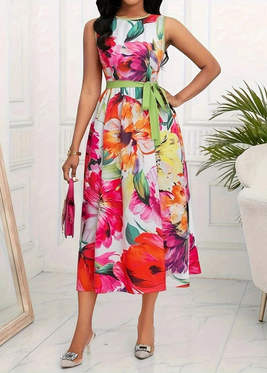 Boho Red O-Neck Print Tie Waist Maxi Dress Sleeveless