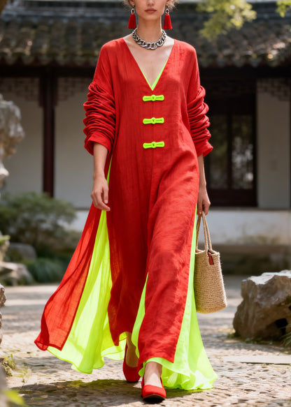 Boho Red Oversized Patchwork Chinese Button Cotton Dress Long Sleeve