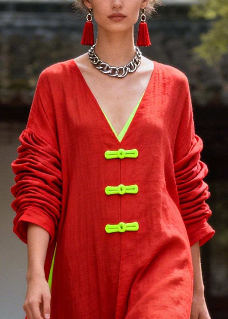 Boho Red Oversized Patchwork Chinese Button Cotton Dress Long Sleeve