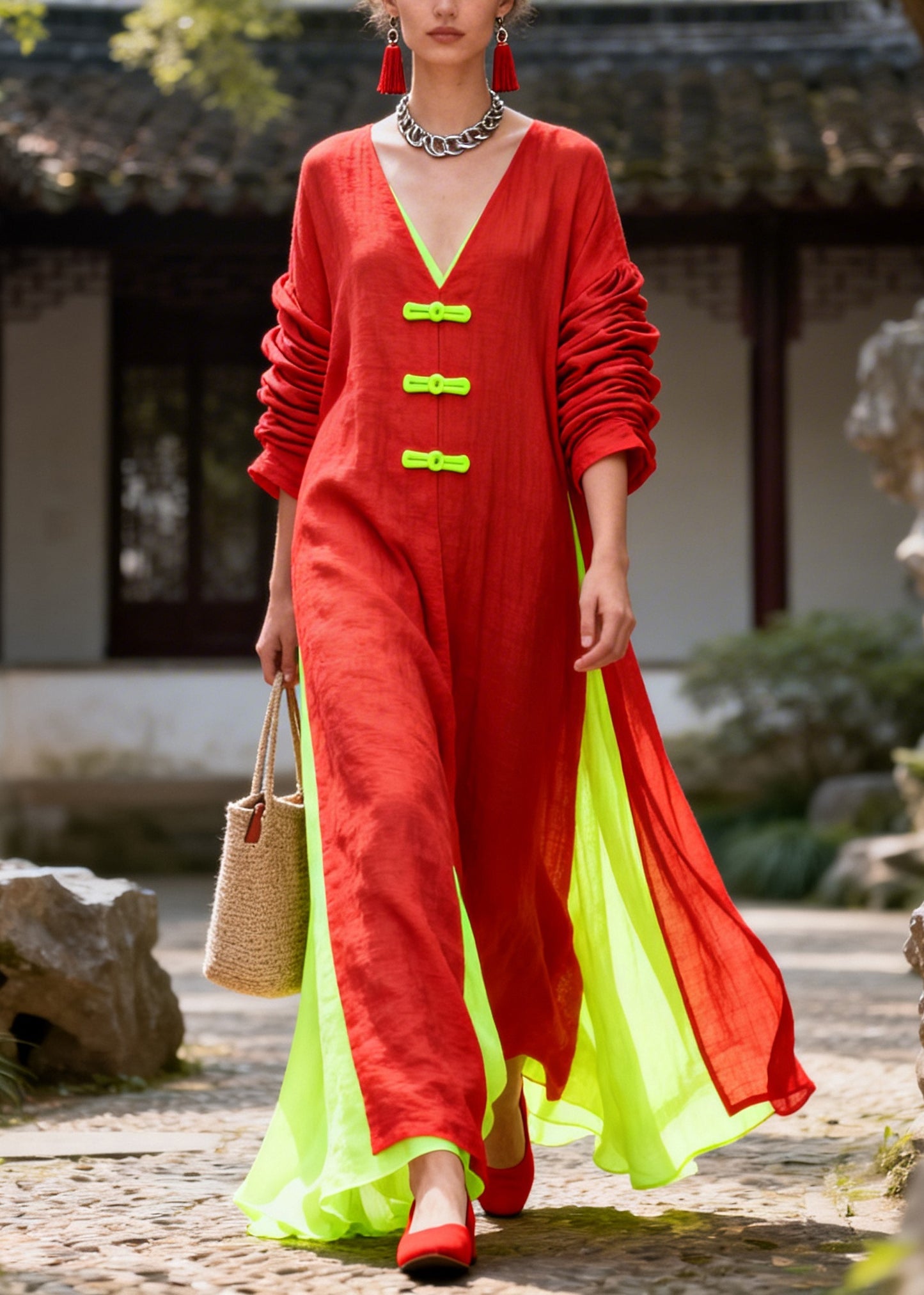 Boho Red Oversized Patchwork Chinese Button Cotton Dress Long Sleeve
