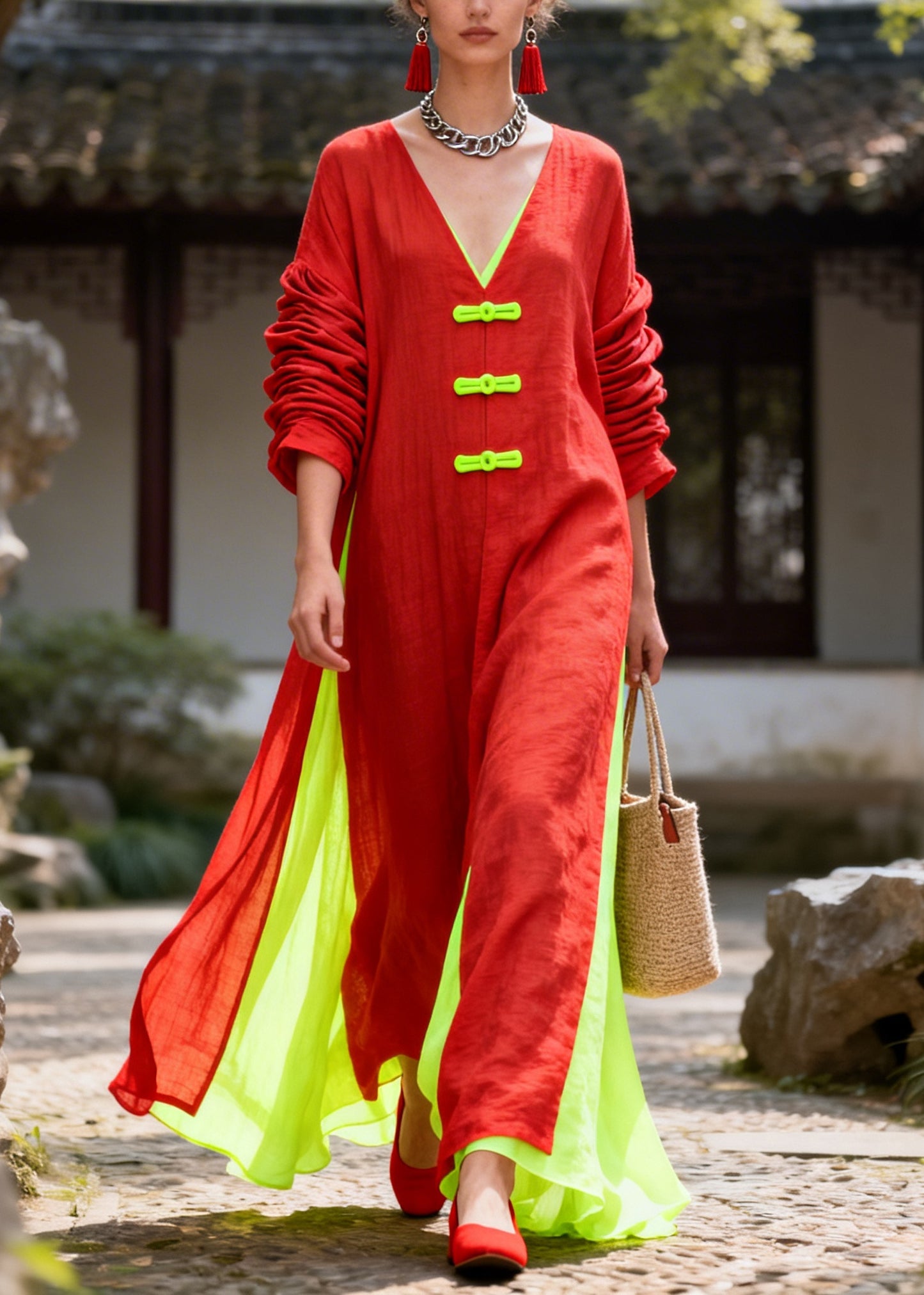 Boho Red Oversized Patchwork Chinese Button Cotton Dress Long Sleeve