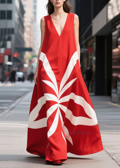 Boho Red Oversized Print Chiffon Holiday Dress Sleeveless