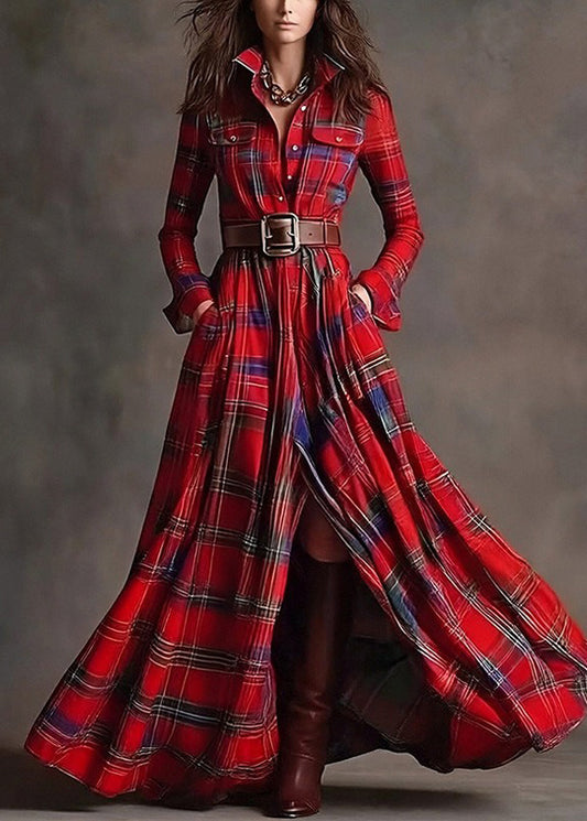 Boho Red Peter Pan Collar Plaid Cotton Ankle Dress Spring
