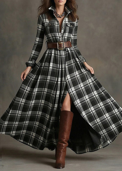 Boho Red Peter Pan Collar Plaid Cotton Ankle Dress Spring