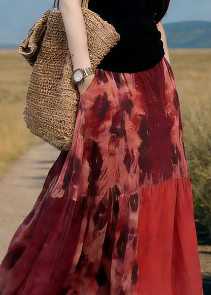 Boho Red Pockets Print Elastic Waist Maxi Skirt Spring