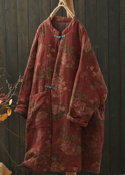 Boho Red Pockets Print Oriental Button Fine Cotton Filled Coat Winter