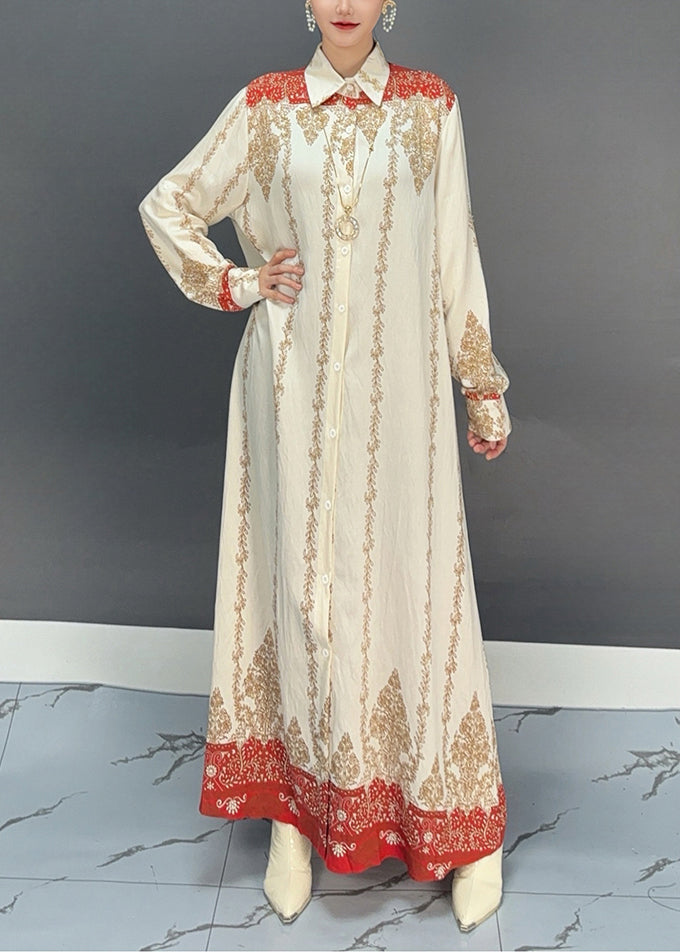 Boho Red Print Button Holiday Maxi Shirts Dresses Fall