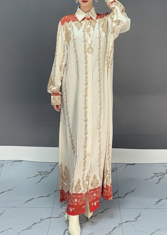 Boho Red Print Button Holiday Maxi Shirts Dresses Fall