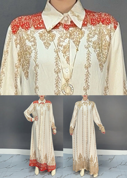 Boho Red Print Button Holiday Maxi Shirts Dresses Fall