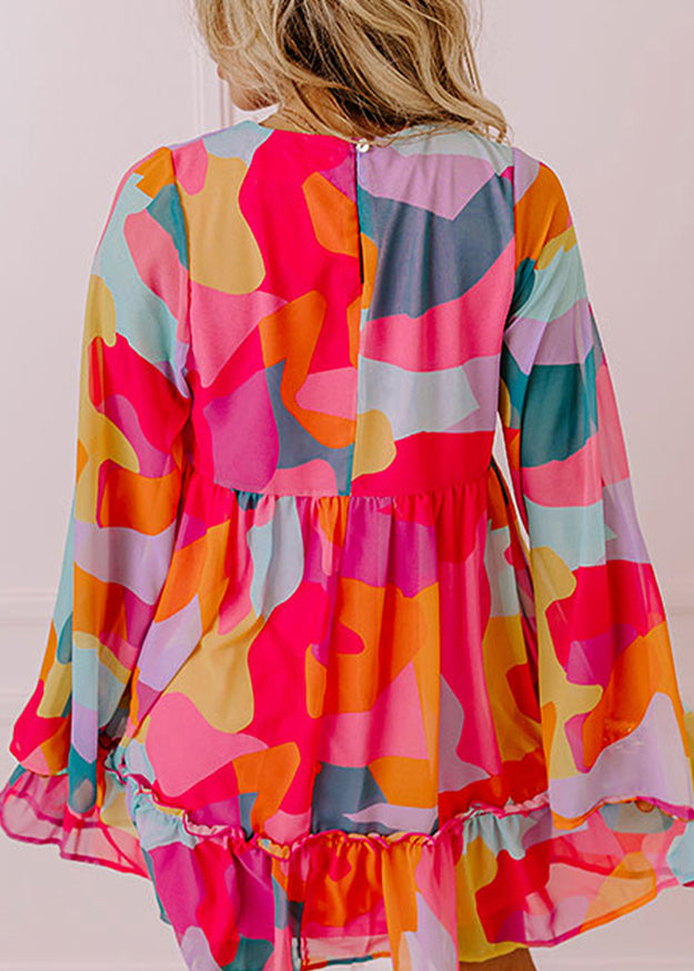 Boho Red Print Wrinkled Chiffon Mid Dresses Fall