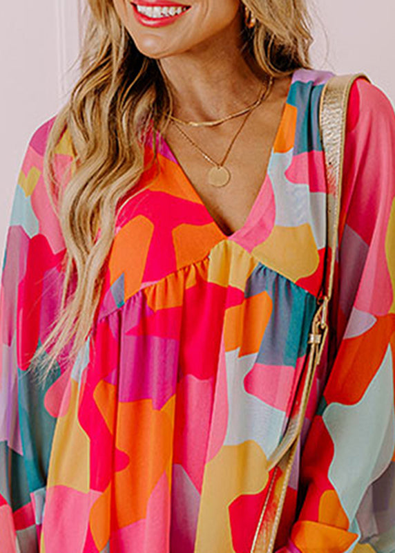 Boho Red Print Wrinkled Chiffon Mid Dresses Fall