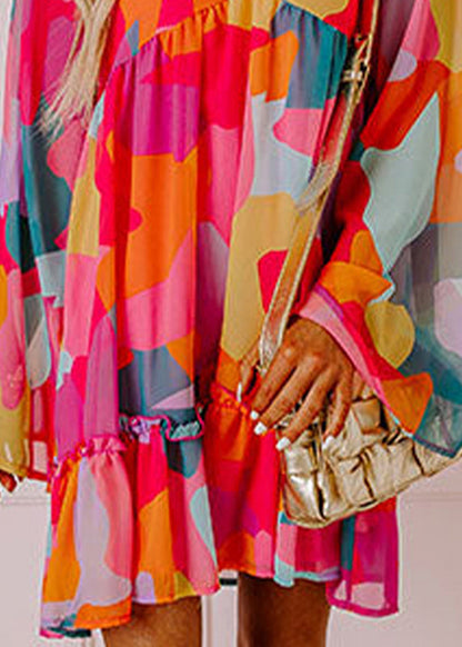 Boho Red Print Wrinkled Chiffon Mid Dresses Fall