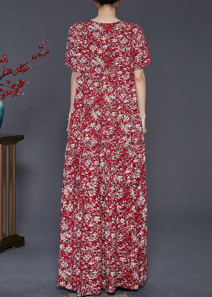 Boho Red Ruffled Print Exra Large Hem Cotton Holiday Dress Summer