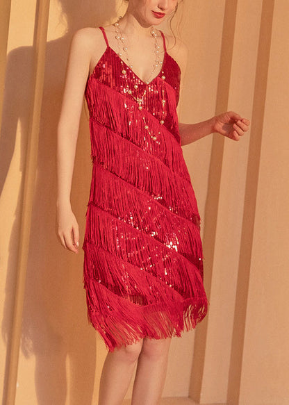 Boho Red Tasseled Sequins Vestidos Dresses Summer