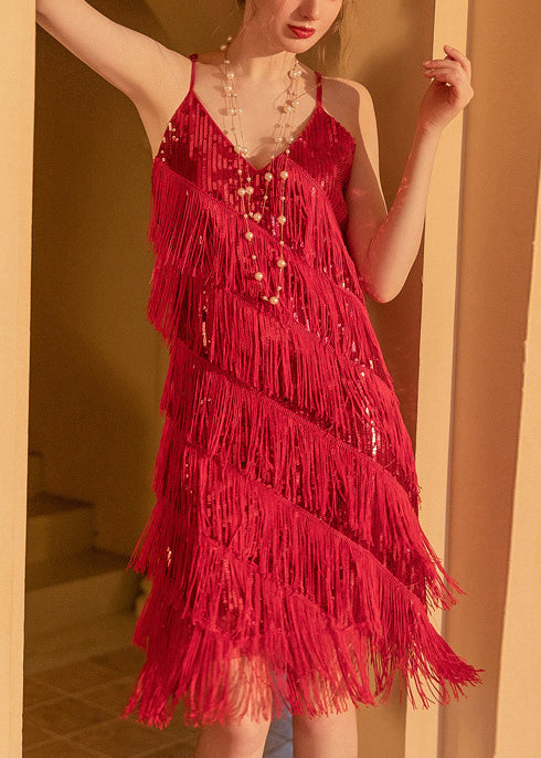 Boho Red Tasseled Sequins Vestidos Dresses Summer