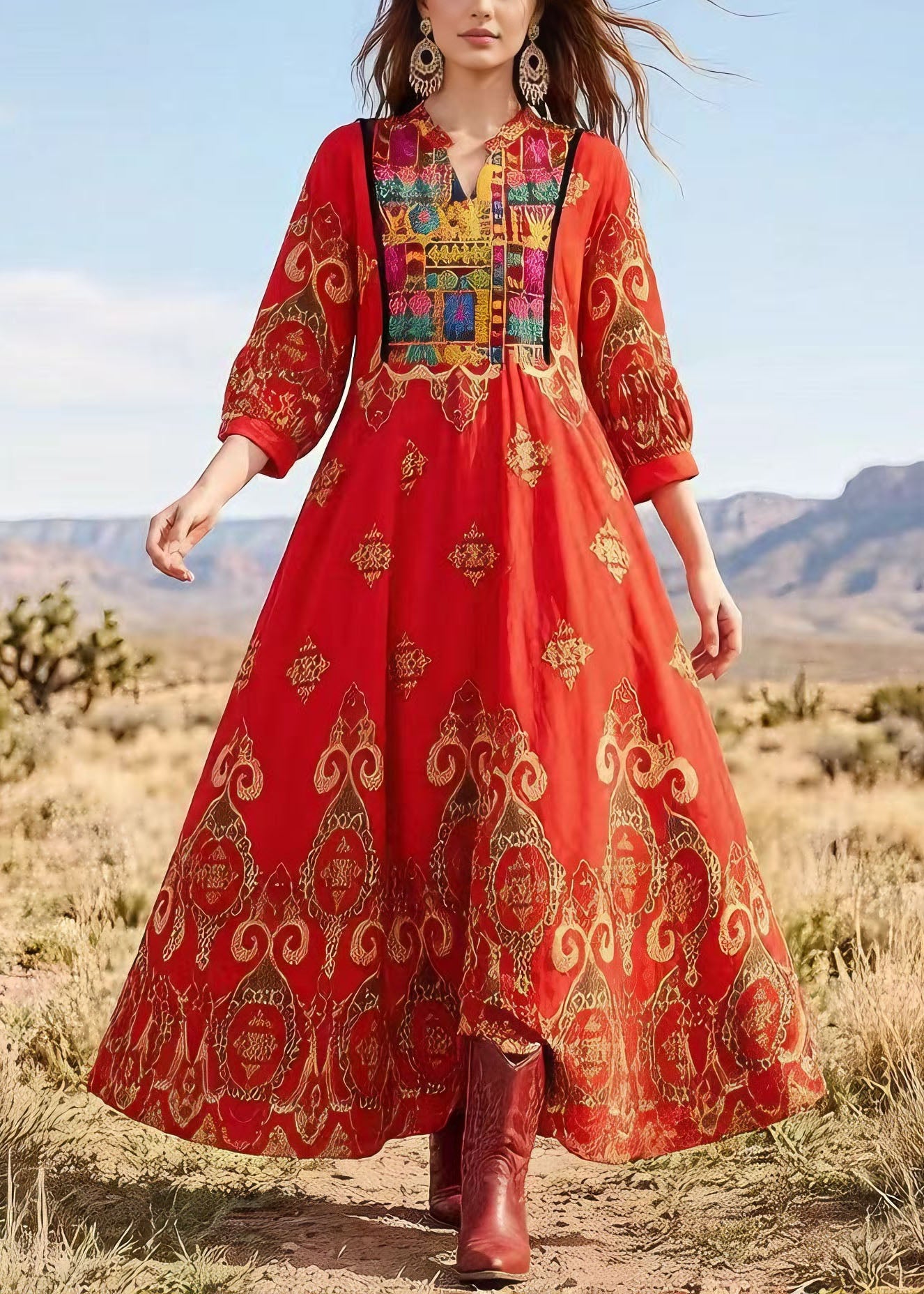 Boho Red V Neck Print Exra Large Hem Cotton Dress Lantern Sleeve
