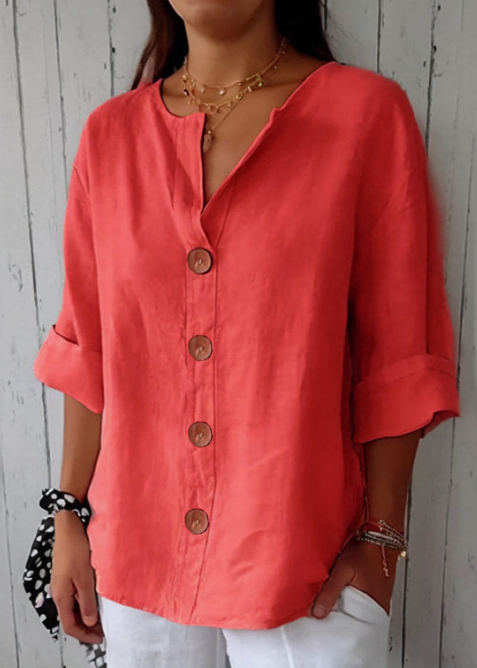 Boho Red V Neck Print Patchwork Button Solid Top Summer